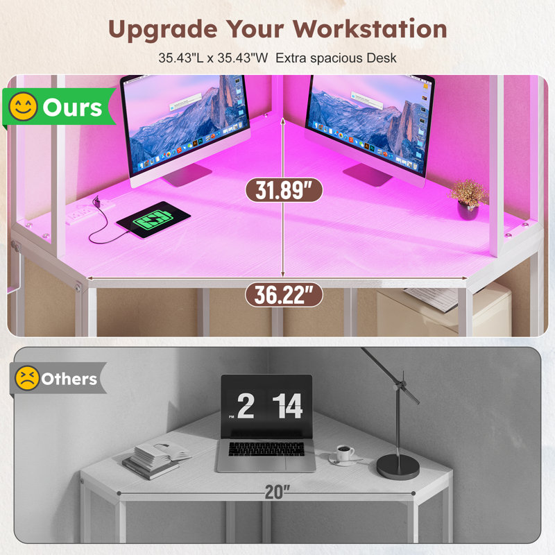 Space-Saving Corner Computer Gaming Desk with LED Lights, Power Outlets, and Shelves, White