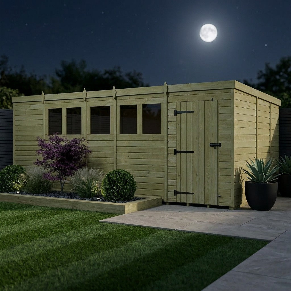 Total Sheds 19ft x 9ft Pent Garden Shed - Single Door - With Windows - Pressure Treated Timber - UK Manufactured
