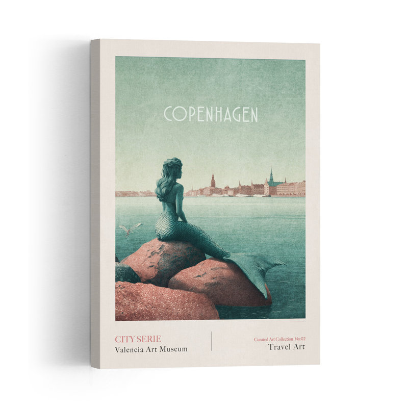 Copenhagen - Little Mermaid Classic Retro Serene City Coastal Wall Art Print by Emel Tunaboylu - Wrapped Canvas Print