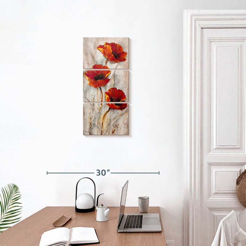 Coquelicots sur taupe II, H 27 po x l 12 po