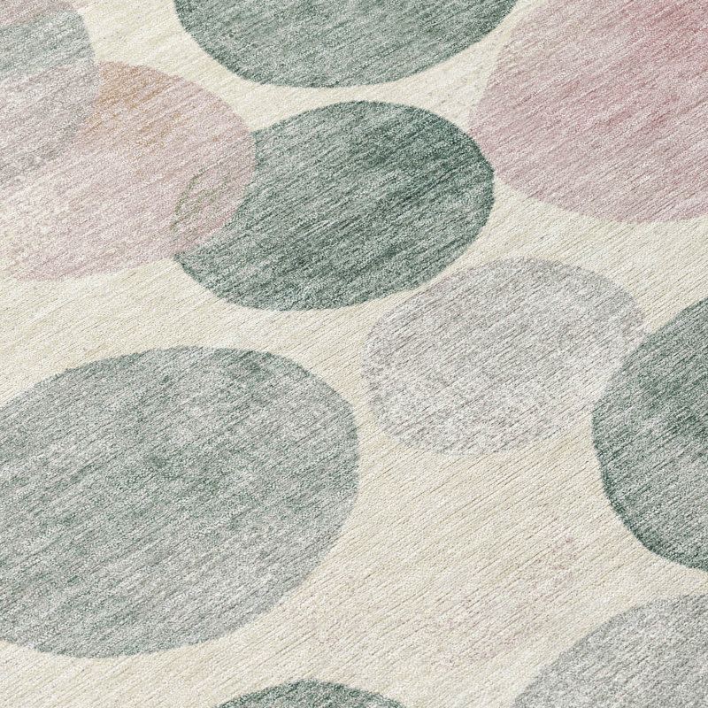 Salmon and Green Synthetic Rectangular Washable Area Rug