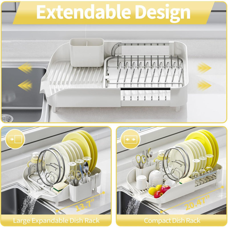 White Stainless Steel Foldable Dish Drying Rack with Utensil Cup