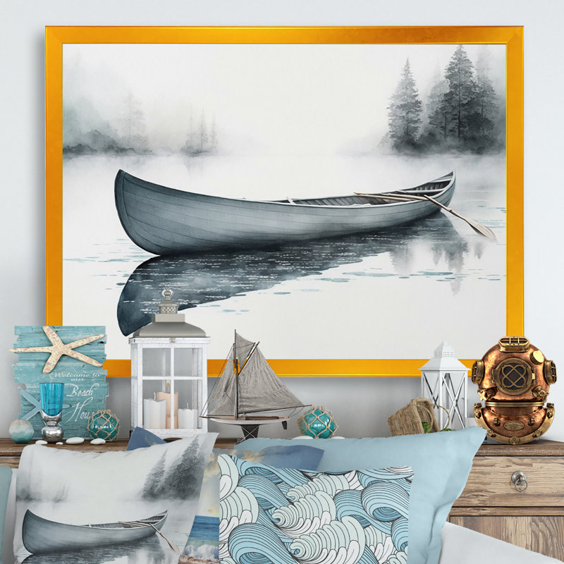Canot sur le lac II - Bateau côtier, art mural, Cadre doré simple, H 24 po x l 32 po x P 1 po