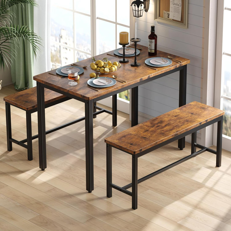 Ensemble de table de salle à manger 3 pièces, table de cuisine avec 2 bancs pour coin-repas et petits espaces , Brun / Noir