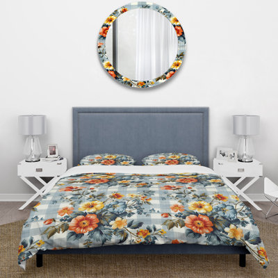 Ensemble de housse de couette rouge et jaune à motif floral vichy II