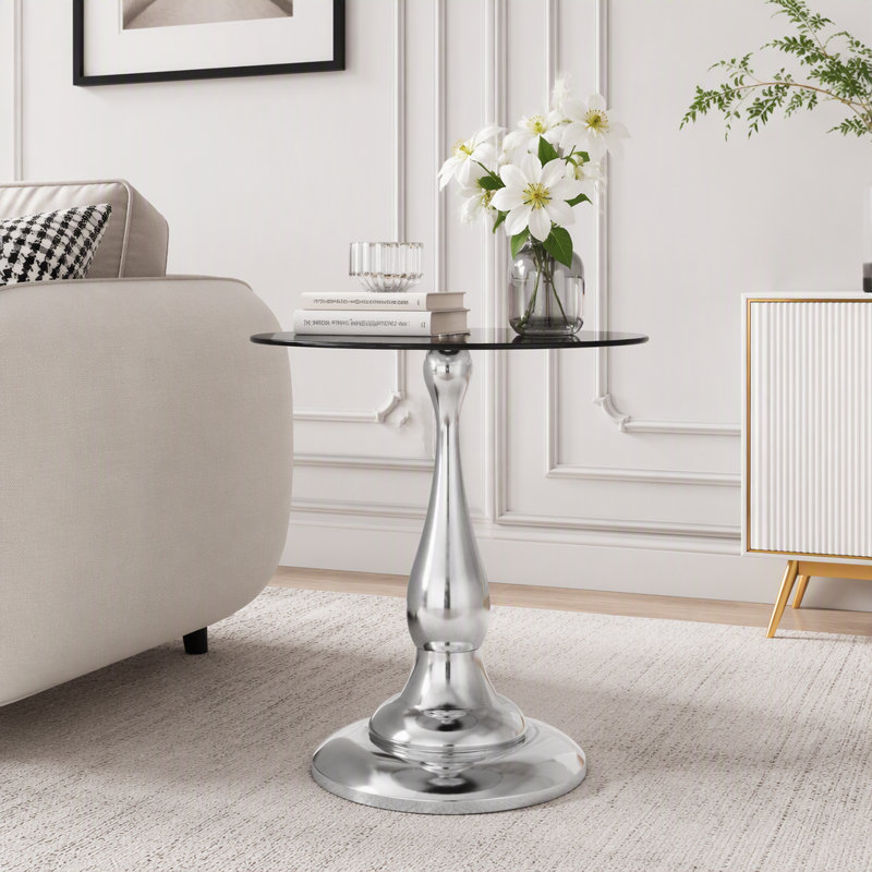 Table d'appoint en verre trempé avec piètement en métal argenté au design épuré, Gris, Argent