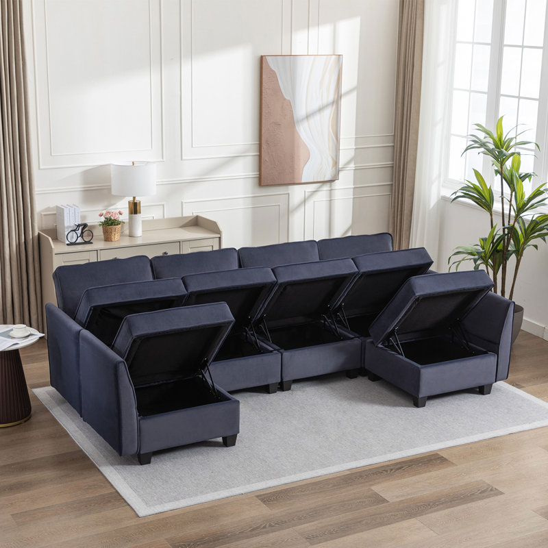 Canapé modulaire 6 pièces Maradiaga, Velours bleu marine
