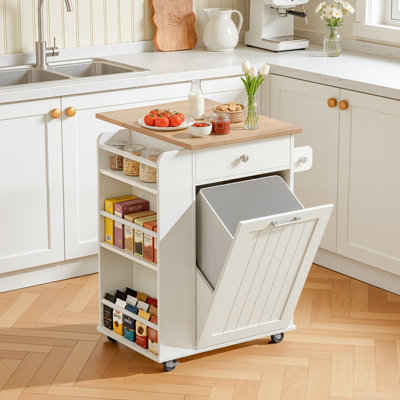 srping Kitchen Island With Drop Leaf,Tilt Out Kitchen Trash Cabinet, Rolling Storage Cart With Lockable Wheels & Adjustable Shelves
