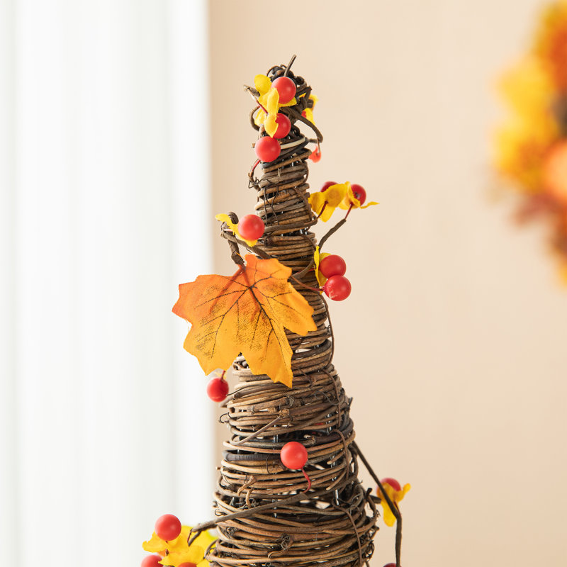 24"H Fall Rattan Berries and Maple Leaves Table Tree