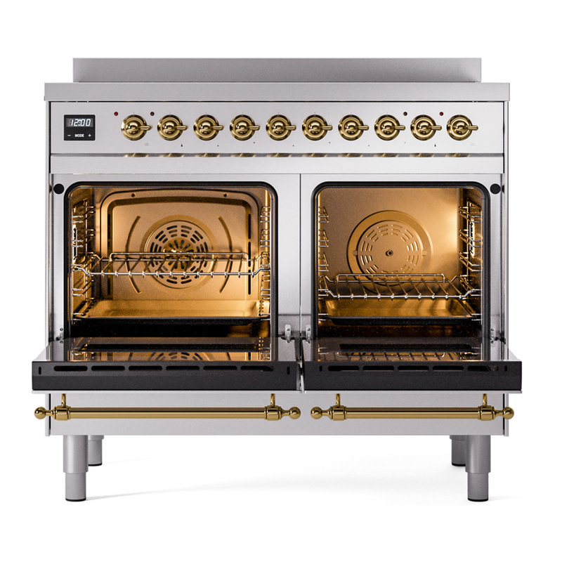 Cuisinière à induction ILVE Nostalgie II Series 40 po avec 6 éléments à induction (porte en verre), Acier inoxydable / laiton
