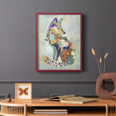 Fantastic Florals Fox, assis, reproduction encadrée - bois massif