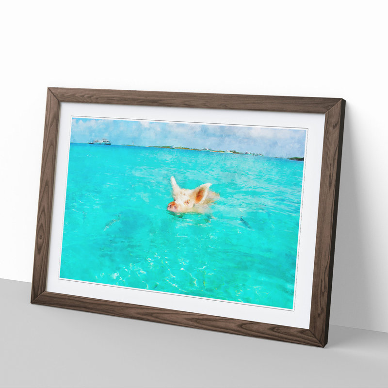 Swimming Pig - Picture Frame Painting, 48cm H x 65cm W x 2cm D, Walnut Framed