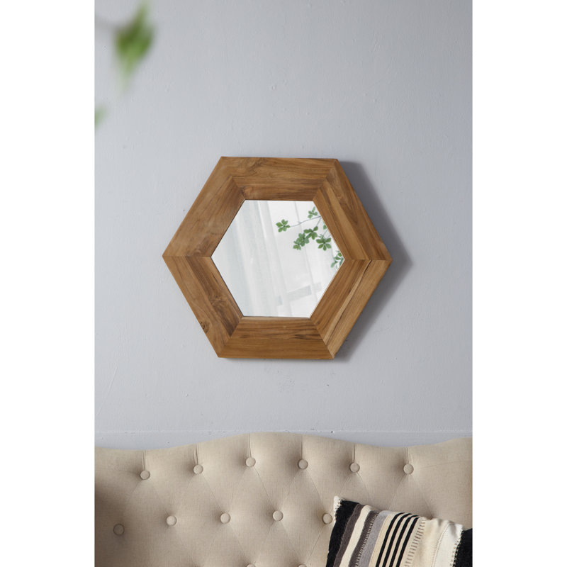 Miroir hexagonal 18,5 po avec revêtement en bois, idéal pour la décoration murale dans le couloir de la salle de bain du salon