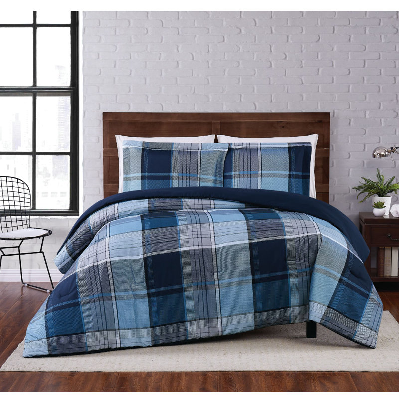 Full/Queen Blue Plaid Reversible Microfiber Comforter Set