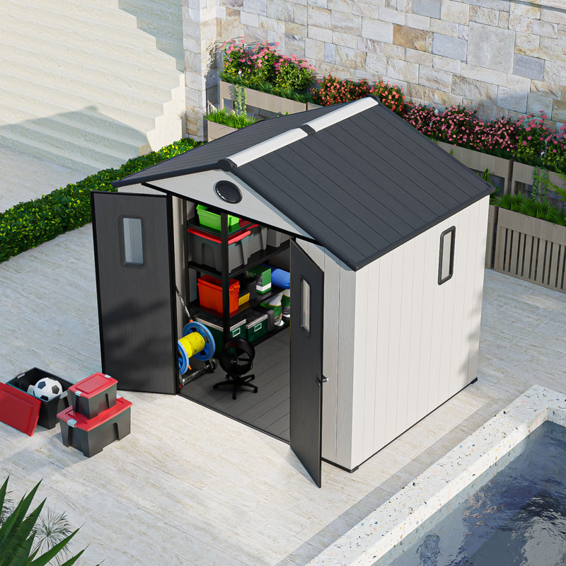 8 ft. W x 6 ft. D Outdoor Storage Shed with Floor, Plastic Shed with Reinforced Steel Structure
