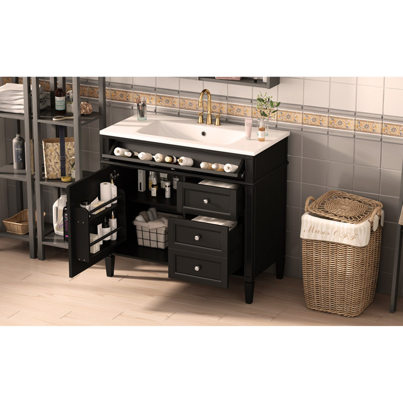 Meuble-lavabo de 36 po avec lavabo supérieur, armoire de rangement moderne avec 2 tiroirs et un tiroir basculant
