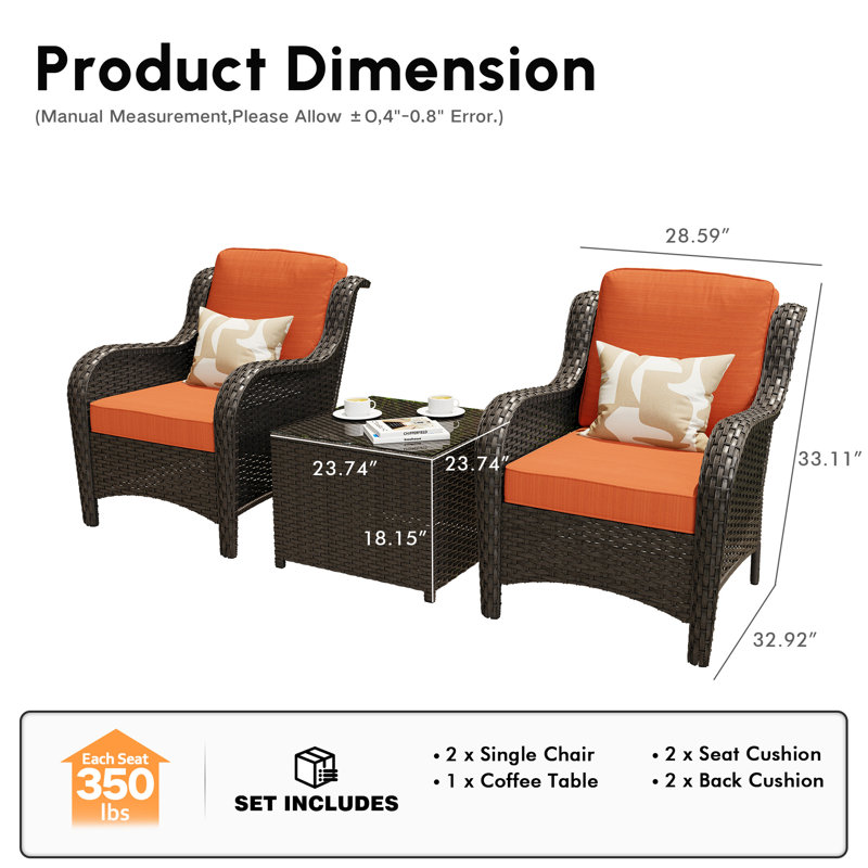 Ensemble de conversation en osier / rotin pour 2 personnes avec coussins, Cadre brun / coussin rouge-orange