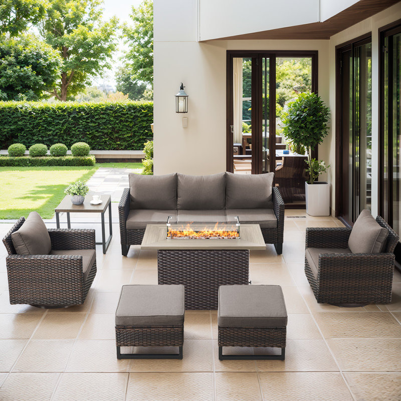Naresa 7-Piece Outdoor Sofa Set, Wicker Patio Furniture Set With Fire Pit Table, All-Weather PE Wicker