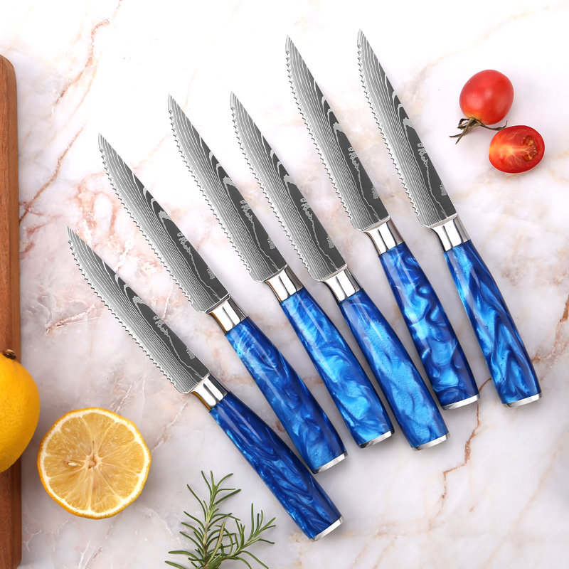     Ensemble de couteaux à steak en acier inoxydable à haute teneur en carbone 6 pièces «Cerulean» Senken Knives avec motif de lame damas et poignées en résine époxy