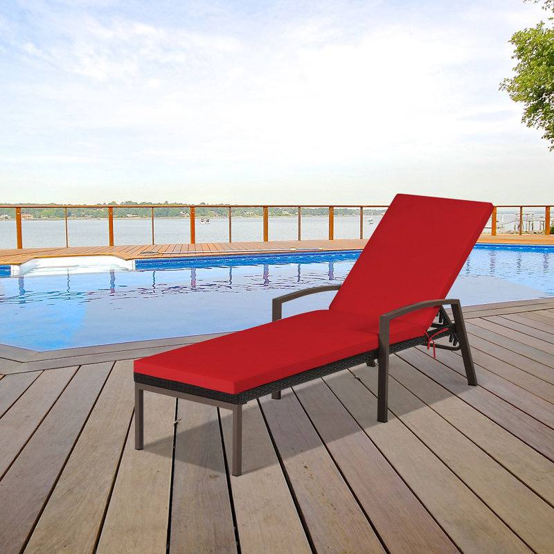 Chaise longue d'extérieur inclinable et réglable pour patio, Cadre noir / coussin rouge