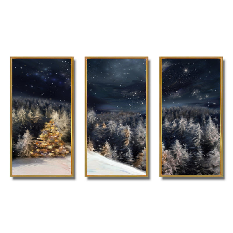 «Night Forest Christmas Tree», ensemble d'art mural sur toile encadré paysage, Or, H 32 po x l 48 po