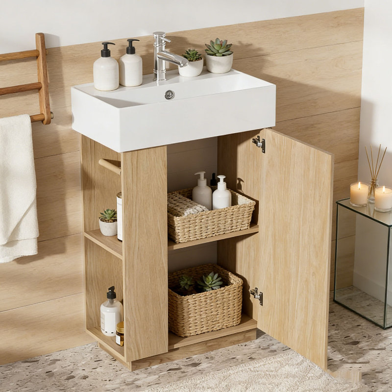 Meuble-lavabo de 21,6 po avec lavabo en céramique, Bois droit