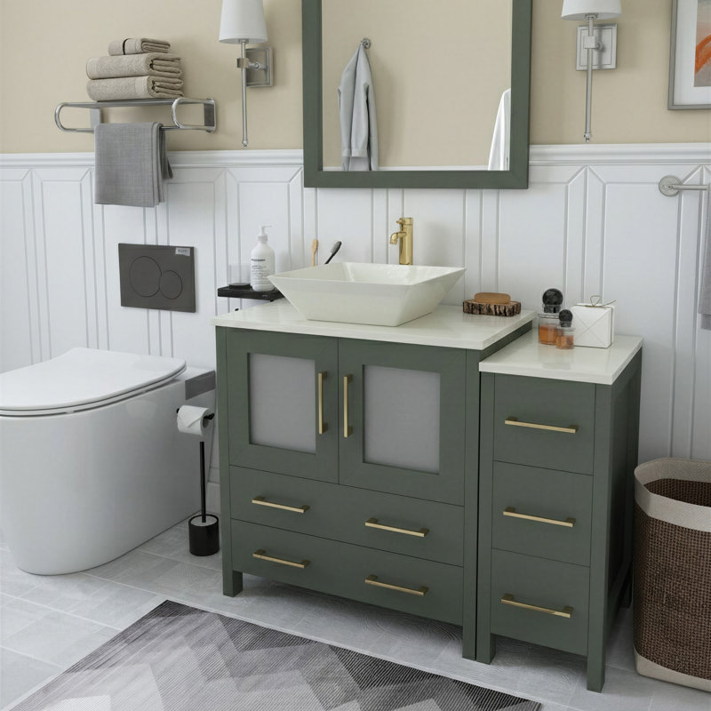 Ravenna 42" Freestanding Single Sink Bathroom Vanity with Engineered Marble Top and Matching Mirror, Vintage Green