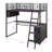 Modern Metal Loft Bed With Integrated LED Lighting, Study Table, And Quad Storage Shelves-947017277