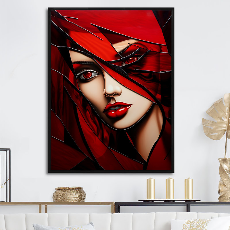 Portrait de femme cubique Ruby Radiance - impression, Cadre flottant noir, H 44 po x l 34 po x P 1,5 po