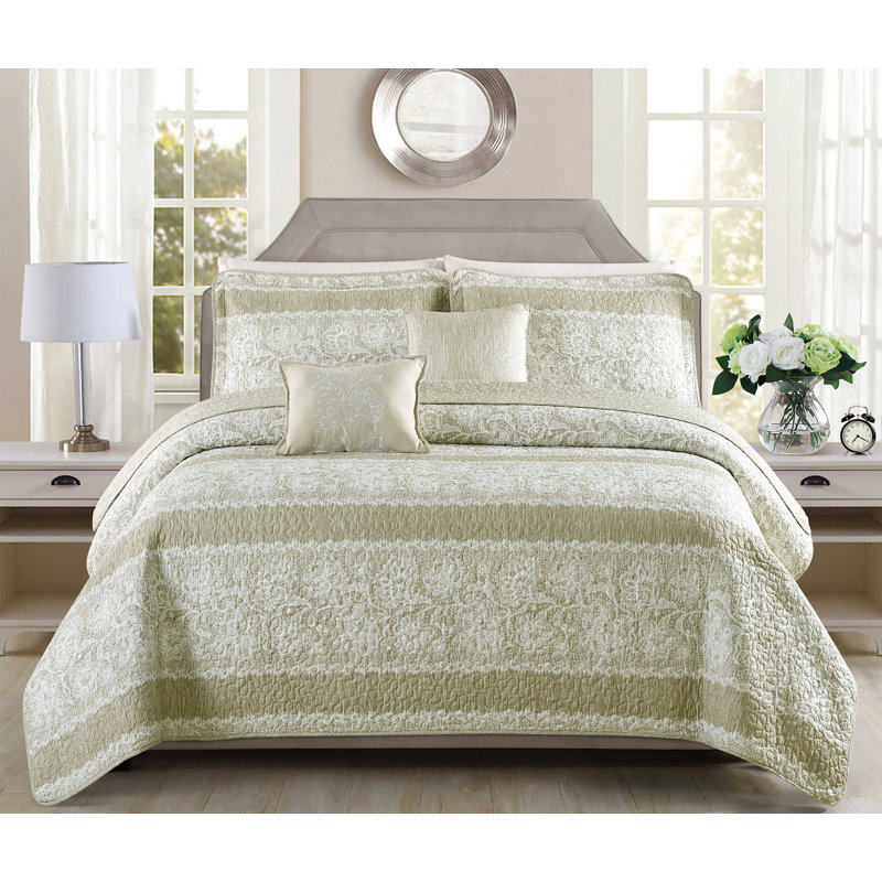 5 Piece Emma Printed Microfiber Quilts Set, Taupe, Queen Quilt + 2 Queen Shams + 2 Throw Pillows
