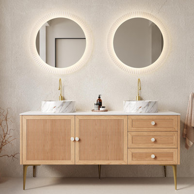 Meuble-lavabo de salle de bain avec lavabo, armoire de rangement autoportante en contreplaqué avec 4 pieds en métal, porte et 2 tiroirs, lavabo en céramique blanche avec motif en pierre, sans robinet, pré-assemblé