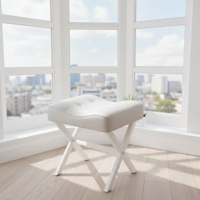 Saddle-Shaped, Thick-Cushioned Genuine Leather Vanity Chair, Large White Size, Sturdy Metal X-Shaped Legs, Makeup Footstool. by Mercer41