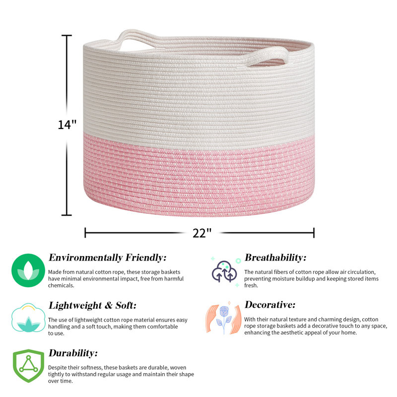 Grand panier à corde en coton, panier à couverture pour le salon, panier à linge pour bébé avec poignée, Blanc / rose