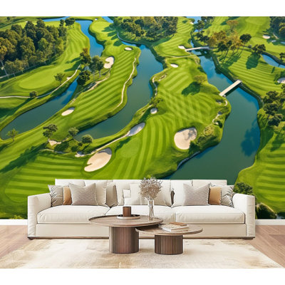 Peel and Stick Wallpaper Golf Course Picture Modern Water Features Sand Traps Wall Murals 69"H x 96"W Removable PVC Wall Paper Self-Adhesive Wall Decor for Bedroom Living Room Home Office