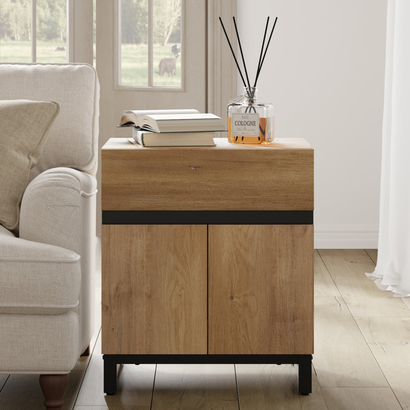 Aadam Modern End Table With 1 Drawer & 1 Storage Cabinet, Oak