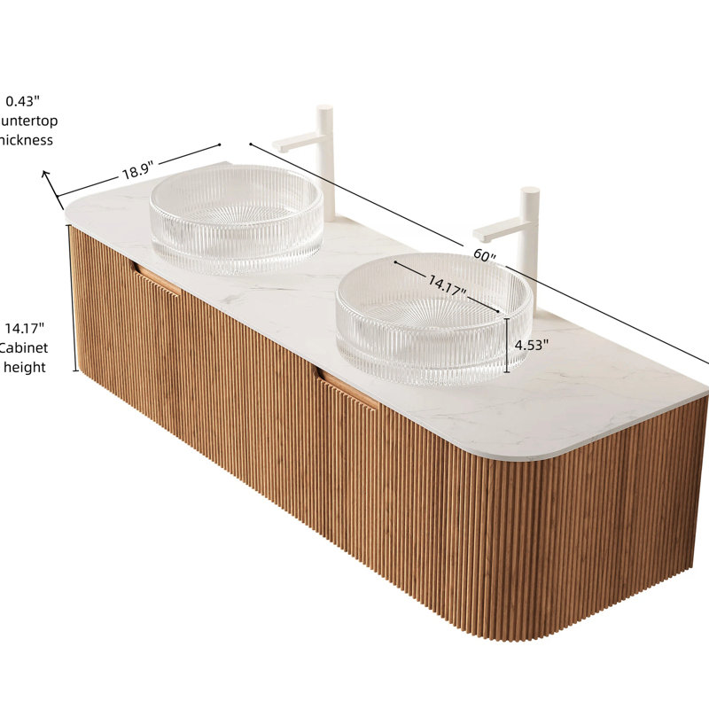 Meuble-lavabo 60 po, lavabos ronds en cristal, 2 tiroirs, rangement rayé 3D naturel, pré-assemblé, facile à installer, système de fermeture en douceur avec meuble flottant en verre transparent, rayé, système,