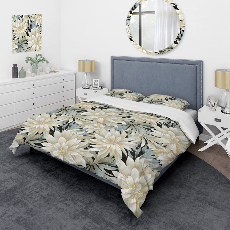 Ensemble de housse de couette à motif floral exotique gris et blanc, Housse de couette pour grand lit et 2 taies décor