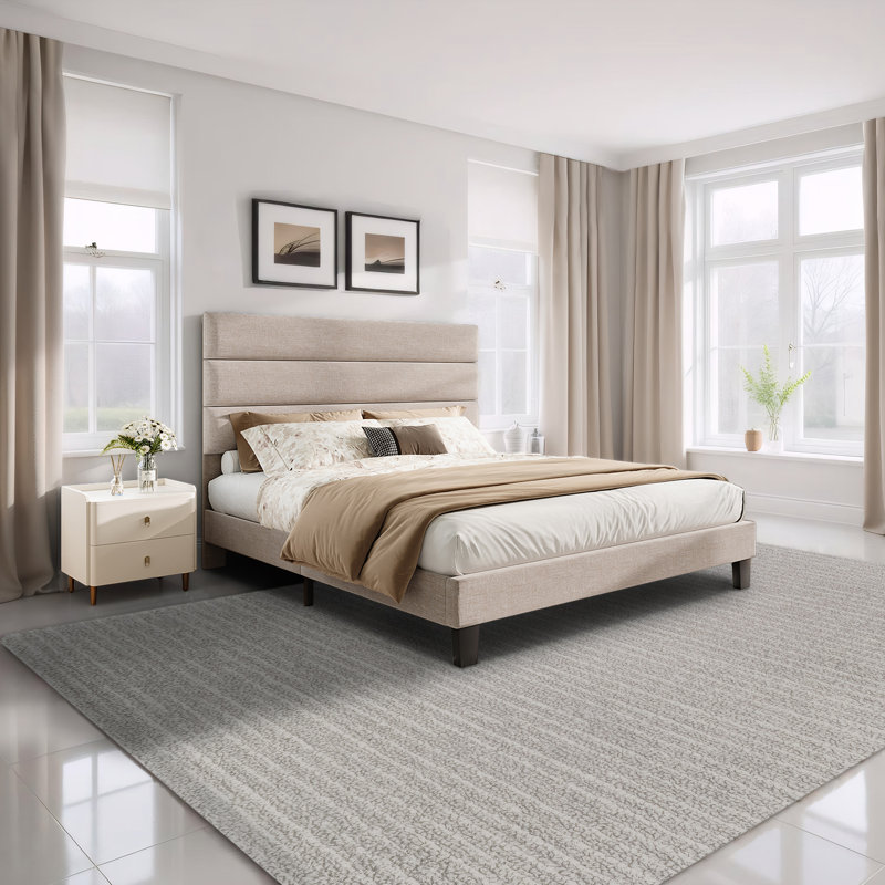 Alti Modern Full Size Bed Frame with Linen Upholstered Headboard,Cream, Cream, Full / Double