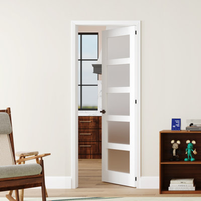 Modern Style 5-Paneled Frosted Glass Design White Wood Tone Prehung French Interior Door, Trimable Frame, Solid & Manufactured Wood With Door Frame & Handle