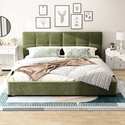 Lit plateforme tapissier très grand olive, tête de lit courbée, velours doux, look moderne et élégant, sans sommier tapissier, 12 lattes en bois pour le cadre de lit en velours de soutien, avec tête de lit large et forme ronde profonde