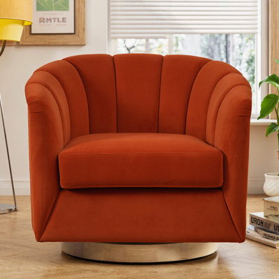 Fauteuil d'appoint pivotant en tissu orange avec base en bois - rotation à 360 ° et confort haut de gamme