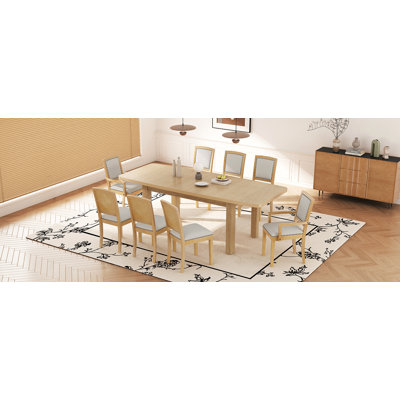 Rustic Extendable 84Inch Dining Table Set With 24Inch Removable Leaf , 6 Upholstered Armless Dining Chairs And 2 Padded Arm Chairs, 9 Pieces