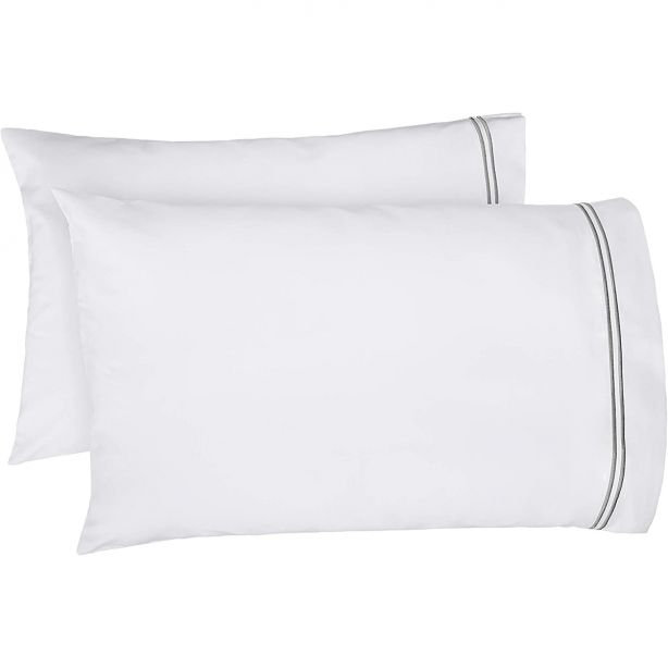 400TC Double Embroidery Cotton Sateen Pillowcases (Set Of 2), White/Light Gray