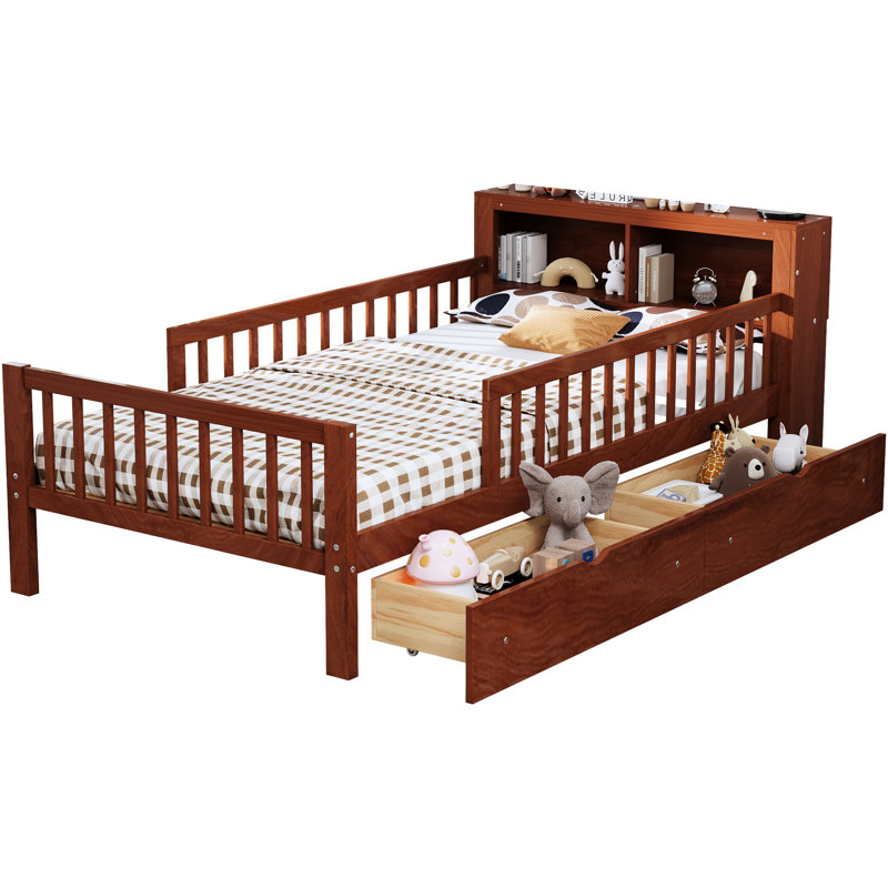Lit simple avec rangement pour tête de lit et trois barrières de sécurité, aspect noyer fonctionnel, Noyer
