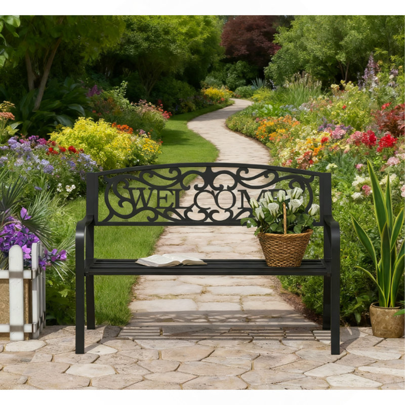 50" Outdoor Metal Welcome Bench, Garden Bench With Slatted Seat, Patio Bench For Park, Porch, Yard, Entryway, Black