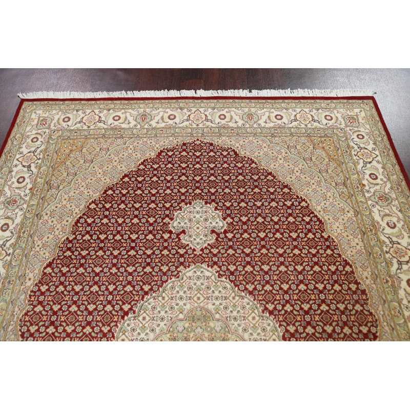 Tapis rouge en laine noué à la main de conception unique 6 pi 3 po x 9 pi 4 po Lyde