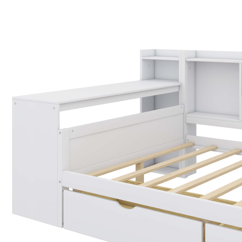 Lit de jour en L en bois avec sept armoires de rangement et deux tiroirs de rangement, lit multifonctionnel avec bureau d'étude