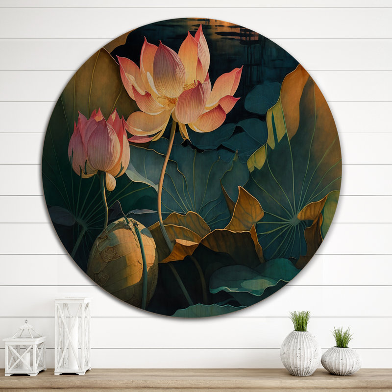 Fleur de lotus rétro dans l'étang II - Art mural en bois floral de lotus - Bois de pin naturel, H 23 po x l 23 po x P 1 po