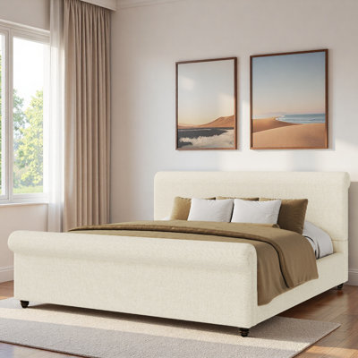 Upholstered Bed With Thick Rolled Edges, Vintage Double-layer Oval Legs And Robust Headboard