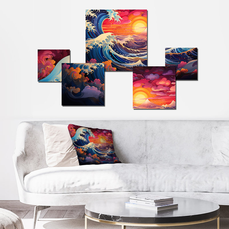 Coucher de soleil japonais sur les vagues de Kanagawa 7 - ensemble de 5 reproductions d'art japonais